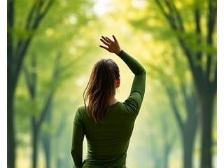 Person performing gentle exercise in a serene park setting, emphasizing flexibility and mindful movement.