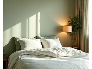 Calm, inviting bedroom with soft lighting and a comfortable bed, suggesting peaceful sleep.